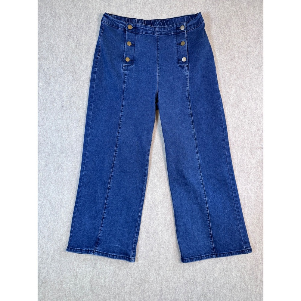 Belle Poque Womens Wide Leg Sailor Jeans Blue High Waist Button Denim Pants XL